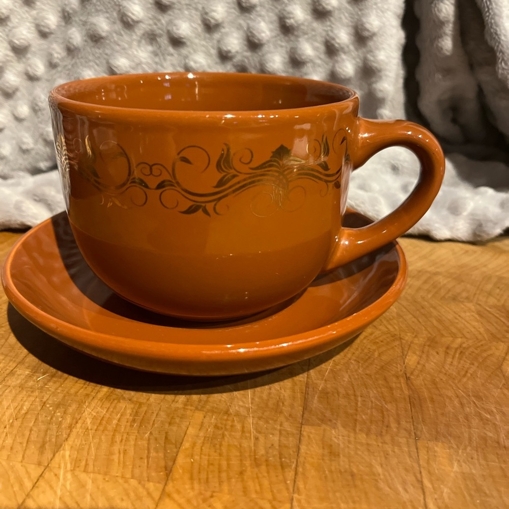 California Pantry Large Coffee Mug & Saucer-Chocolate with Gold Accents